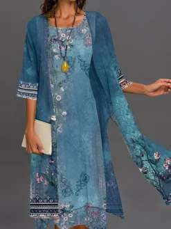 Women's Two Piece Dress Set Print Dress Outdoor Holiday Streetwear Casual Print Midi Dress Crew Neck 3/4 Length Sleeve Floral Regular Fit Blue Purple Green Summer Spring S M L XL XXL -Party Prom Dresses Sales Store supvhq1679980930153