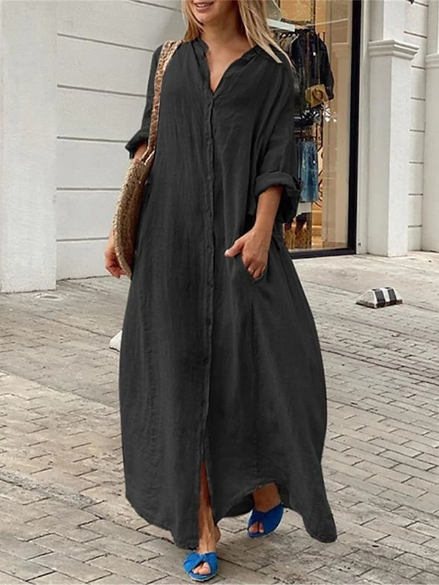 Women's Shirt Dress Casual Dress Cotton Linen Dress Maxi Long Dress Linen / Cotton Blend Basic Classic Outdoor Daily Vacation Shirt Collar Button Pocket 3/4 Length Sleeve Summer Spring Fall 2023 4 Women's Shirt Dress Casual Dress Cotton Linen Dress Maxi Long Dress Linen / Cotton Blend Basic Classic Outdoor Daily Vacation Shirt Collar Button Pocket 3/4 Length Sleeve Summer Spring Fall 2023 - Image 4