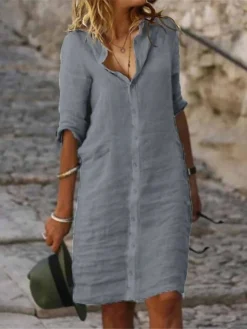 Women's Shirt Dress Casual Dress Cotton Linen Dress Midi Dress Cotton Blend Fashion Classic Outdoor Daily Shirt Collar Button Half Sleeve Summer Spring Fall 2023 Regular Fit Black White Gray Plain S -Party Prom Dresses Sales Store svnhmo1687168243009