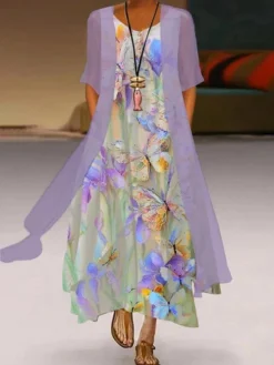 Women's Dress Set Two Piece Dress A Line Dress Maxi Long Dress Light Green Purple Short Sleeve Animal Ruched Spring Summer Crew Neck Casual Daily Vacation 2023 S M L XL XXL 3XL