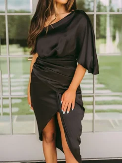 Women's Party Dress Cocktail Dress Satin Dress Midi Dress Black Gold Dark Blue Short Sleeve Pure Color Ruched Spring Fall One Shoulder Fashion Office Wedding Guest Vacation 2022 S M L XL -Party Prom Dresses Sales Store swjnqn1634955676724