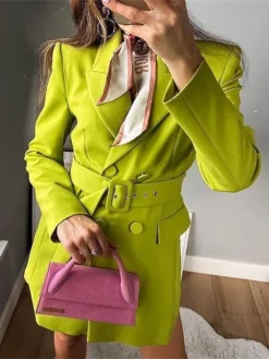 Women's Work Dress Blazer Dress Semi Formal Dress Fashion Office Daily Workfashion Mini Dress Button Pocket Shirt Collar Long Sleeve Plain Loose Fit Black Green Fall S M L