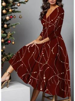 Women's Party Dress Cocktail Dress Wedding Guest Dress Midi Dress Pink Wine Red 3/4 Length Sleeve Plaid Pocket Spring Fall Winter Deep V Fashion Winter Dress Christmas Wedding Guest 2023 S M L XL XXL