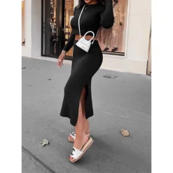 Women's Two Piece Dress Set Casual Dress Sweater Dress Outdoor Daily Fashion Streetwear Split Midi Dress Crew Neck Long Sleeve Plain Regular Fit Black White Orange Fall Winter S M L XL XXL -Party Prom Dresses Sales Store swxwtl1695635372208