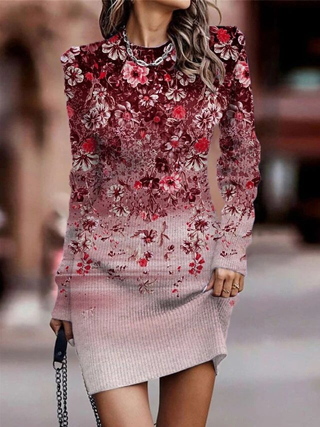 Women's Sweater Dress Winter Dress Jumper Dress Mini Dress Fashion Floral Outdoor Daily Date Going Out Crew Neck Long Sleeve Print 2023 Regular Fit Purple Fuchsia Khaki S M L XL XXL 3XL 3 Women's Sweater Dress Winter Dress Jumper Dress Mini Dress Fashion Floral Outdoor Daily Date Going Out Crew Neck Long Sleeve Print 2023 Regular Fit Purple Fuchsia Khaki S M L XL XXL 3XL - Image 3