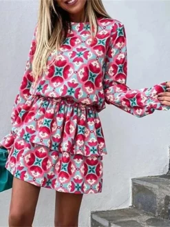 Women's Two Piece Dress Set Casual Dress Skirt Set Daily Holiday Fashion Streetwear Ruffle Print Mini Dress Crew Neck Long Sleeve Floral Loose Fit Red Summer Spring S M L XL -Party Prom Dresses Sales Store sxndkr1689579801317