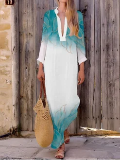 Women's Casual Dress Cotton Linen Dress Maxi Long Dress Polyester Fashion Casual Daily Outdoor Daily Vacation Split Neck Split Print Long Sleeve Summer Spring Fall 2023 Loose Fit White Navy Blue Blue -Party Prom Dresses Sales Store sxqfrz1690515180660