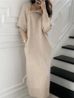 Women‘s Sweater Dress Winter Dress Sheath Dress Knee Length Dress Black Khaki Beige Long Sleeve Pure Color Button Fall Winter Autumn Turtleneck Stylish Winter Dress Fall Dress Loose Fit 2023 One-Size -Party Prom Dresses Sales Store sxrsur1658746614194