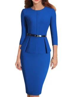 Women's Work Dress Sheath Dress Semi Formal Dress Fashion Midi Dress Ruched Crew Neck 3/4 Length Sleeve Plain Regular Fit Black Red Blue Fall Winter S M L XL XXL