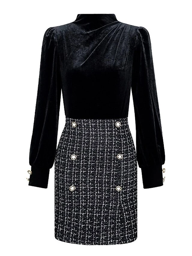 Women's Work Dress Sheath Dress Semi Formal Dress Fashion Office Daily Workfashion Mini Dress Patchwork Button Stand Collar Long Sleeve Plaid Slim Black Fall Winter S M L 4 Women's Work Dress Sheath Dress Semi Formal Dress Fashion Office Daily Workfashion Mini Dress Patchwork Button Stand Collar Long Sleeve Plaid Slim Black Fall Winter S M L - Image 4