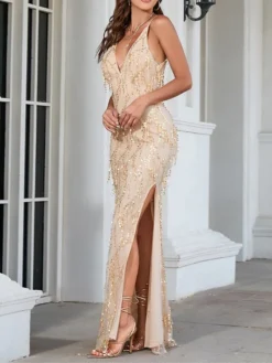 Women‘s Prom Dress Party Dress Fringe Dress Long Dress Maxi Dress Black Khaki Sleeveless Pure Color Sparkly Glitter Sequins Spring Fall Winter Spaghetti Strap Fashion Wedding Guest Birthday