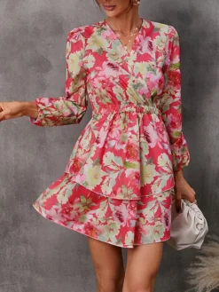 Women's Work Dress Semi Formal Dress Wrap Dress Fashion Mini Dress Ruffle Layered V Neck Long Sleeve Floral Regular Fit Red Purple Orange Fall S M L XL XXL -Party Prom Dresses Sales Store sylmfy1693300618123