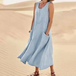 Women‘s Casual Dress Cotton Dress Shift Dress Midi Dress Blue Pink Khaki Sleeveless Pure Color Pocket Spring Summer Crew Neck Basic Daily Vacation Weekend Loose Fit 2023 S M L XL XXL -Party Prom Dresses Sales Store syrltr1648535264124