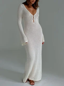 Women's Sweater Dress Winter Dress Jumper Dress Midi Dress Hollow Out Ribbed Outdoor Daily Date Active Fashion V Neck Long Sleeve 2023 Regular Fit White Green Color S M L Size -Party Prom Dresses Sales Store syujva1692695946206