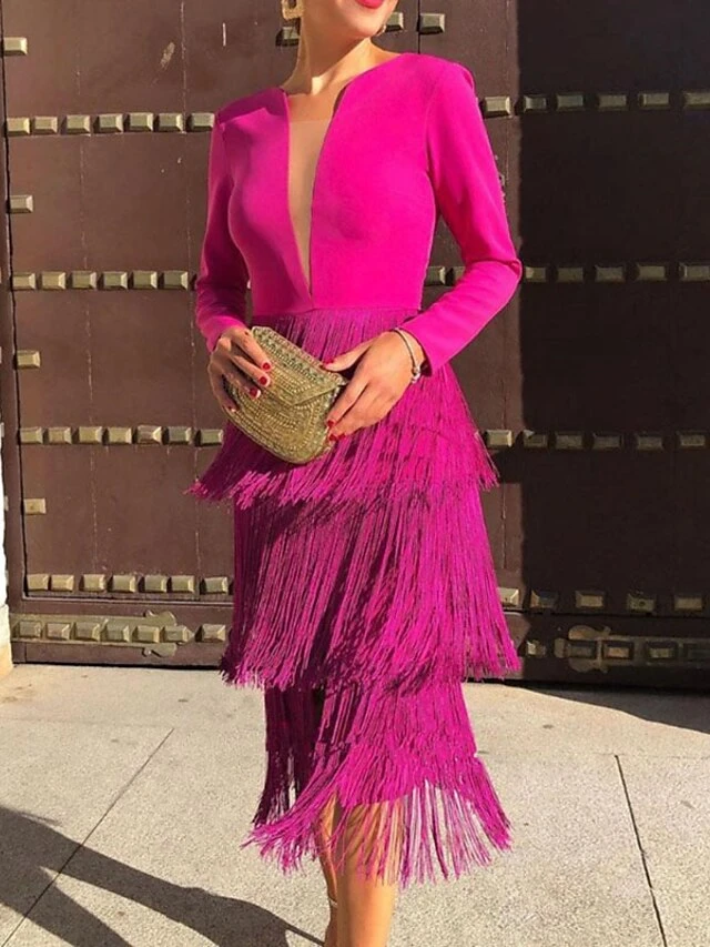 Women's Semi Formal Party Dress Fringe Dress Midi Dress Pink Long Sleeve Pure Color Tassel Fringe Winter Fall Autumn V Neck Stylish Winter Dress Fall Dress 2023 S M L XL XXL 1 Women's Semi Formal Party Dress Fringe Dress Midi Dress Pink Long Sleeve Pure Color Tassel Fringe Winter Fall Autumn V Neck Stylish Winter Dress Fall Dress 2023 S M L XL XXL