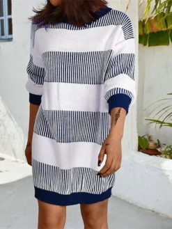 Women's Sweater Dress Winter Dress Jumper Dress Mini Dress Patchwork Outdoor Street Daily Fashion Streetwear Crew Neck Long Sleeve 2023 Loose Fit Wine Khaki Dark Blue Color S M L Size -Party Prom Dresses Sales Store szjdrw1692095295891
