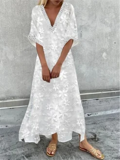 Women's Casual Dress Cotton Linen Dress Swing Dress Maxi Long Dress Cotton Blend Fashion Modern Outdoor Daily Deep V Lace Patchwork Half Sleeve Summer Spring Fall 2023 Loose Fit White Floral Plain S