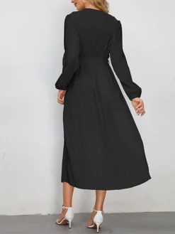Women's Work Dress Swing Dress Black Dress Fashion Midi Dress Lace Up Ruched V Neck Long Sleeve Plain Loose Fit Black Blue Green Fall Winter S M L XL XXL -Party Prom Dresses Sales Store taegqj1693374226451