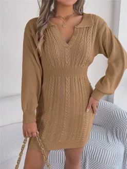 Women's Sweater Dress Winter Dress Jumper Dress Mini Dress Warm Pure Color Outdoor Casual Holiday Vacation V Neck Long Sleeve 2023 Regular Fit Pink Burgundy Green S M L -Party Prom Dresses Sales Store tbehdm1696926494583