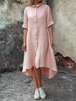 Women's Shirt Dress Casual Dress Cotton Dress Midi Dress Cotton Classic Casual Outdoor Daily Vacation Shirt Collar Ruched Button Long Sleeve Fall Winter Autumn 2023 Regular Fit Pink Red Navy Blue