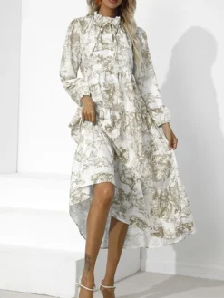 Women's Work Dress Swing Dress Semi Formal Dress Fashion Midi Dress Print Stand Collar Long Sleeve Floral Loose Fit Red Blue Green Fall S M L XL XXL -Party Prom Dresses Sales Store tbntaw1693300594777