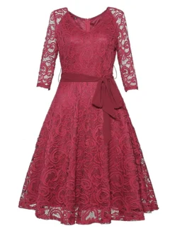 Women's Party Dress Lace Dress Vintage Dress Midi Dress Wine 3/4 Length Sleeve Pure Color Lace Spring Fall Winter V Neck Fashion Party Evening Party Spring Dress 2023 XS S M L XL XXL