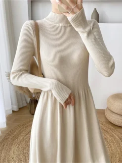 Women's Sweater Dress Jumper Dress Casual Dress Midi Dress Fashion Plain Outdoor Daily Going Out Turtleneck Long Sleeve 2023 Loose Fit Black Apricot One Size -Party Prom Dresses Sales Store tcmiew1695630303754