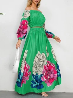 Women's Two Piece Dress Set Casual Dress Skirt Set Daily Going Out Casual Ruched Print Long Dress Maxi Dress Off Shoulder Long Sleeve Floral Regular Fit Blue Green Rose Red Fall Winter S M L XL XXL -Party Prom Dresses Sales Store tcvbow1692339431752