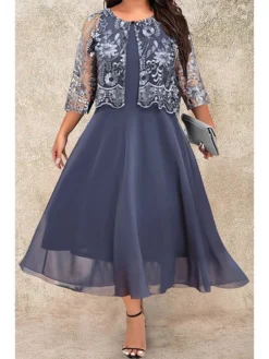 Party Prom Dresses Sales Store 25 Women's Plus Size Two Piece Dress Set Party Dress Lace Dress Party Wedding Guest Fashion Elegant Lace Patchwork Midi Dress Crew Neck 3/4 Length Sleeve Plain Regular Fit Navy Blue Fall Winter L XL XXL
