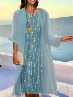 Women's Two Piece Dress Set Casual Dress Print Dress Outdoor Daily Fashion Elegant Print Midi Dress Crew Neck 3/4 Length Sleeve Geometry Regular Fit Pink Blue Gray Summer Spring S M L XL XXL