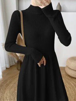 Women's Sweater Dress Jumper Dress Casual Dress Midi Dress Fashion Plain Outdoor Daily Going Out Turtleneck Long Sleeve 2023 Loose Fit Black Apricot One Size -Party Prom Dresses Sales Store tdkpux1695630305966