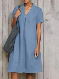 Women's Casual Dress Cotton Linen Dress A Line Dress Midi Dress Linen Cotton Blend Fashion Modern Outdoor Daily Vacation V Neck Ruched Short Sleeve Summer Spring 2023 Loose Fit ArmyGreen Wine Sky Blue -Party Prom Dresses Sales Store tdofyu1678262788359