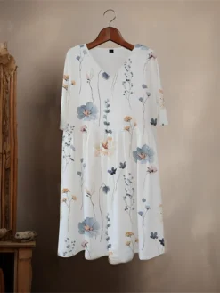 Women's Casual Dress Cotton Linen Dress Midi Dress Polyester Fashion Casual Daily Outdoor Daily Vacation V Neck Print Half Sleeve Spring Fall Autumn 2023 Loose Fit White Floral S M L XL 2XL -Party Prom Dresses Sales Store tdoglb1693366132281