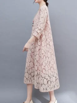 Women's Work Dress Lace Dress Black Dress Fashion Midi Dress Lace Crew Neck Long Sleeve Plain Loose Fit Black White Pink Fall Winter M L XL XXL 3XL -Party Prom Dresses Sales Store tdysnk1693300604499