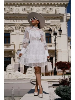 Women's Party Dress Lace Dress Homecoming Dress Mini Dress Black White Long Sleeve Pure Color Lace Summer Spring Fall Stand Collar Fashion Wedding Guest Birthday Vacation Slim 2023 S M L XL -Party Prom Dresses Sales Store tecqyw1689148841902
