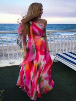 Women's Party Dress Corset Dress Swing Dress Long Dress Maxi Dress Rainbow Sleeveless Tie Dye Print Spring Summer One Shoulder Party Party 2023 S M L XL