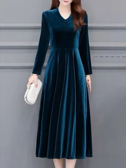 Women‘s Party Dress Wedding Guest Dress Velvet Dress Work Dress Midi Dress Black Wine Royal Blue Long Sleeve Pure Color Ruched Winter Fall Spring V Neck Fashion Spring Dress 2023 M L XL 2XL 3XL 4XL -Party Prom Dresses Sales Store tetrmi1671789634252