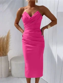 Women's Party Dress Cocktail Dress Bodycon Midi Dress Black White Pink Sleeveless Pure Color Ruched Fall Autumn Strapless Fashion Wedding Guest Birthday Vacation 2023 S M L XL -Party Prom Dresses Sales Store teuvxo1695277877304