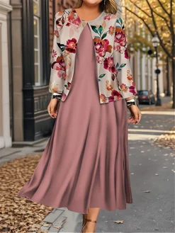 Women's Plus Size Two Piece Dress Set Casual Dress Swing Dress Outdoor Office Fashion Streetwear Print Midi Dress Crew Neck Long Sleeve Leaf Floral Regular Fit Pink Blue Brown Fall Winter L XL XXL -Party Prom Dresses Sales Store tfiofj1697613529420