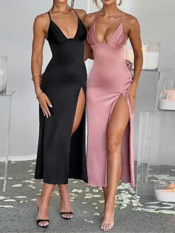 Women's Party Dress Cocktail Dress Satin Dress Midi Dress Black Pink Sleeveless Pure Color Backless Spring Fall Winter Spaghetti Strap Fashion Birthday Wedding Guest Vacation 2023 S M L