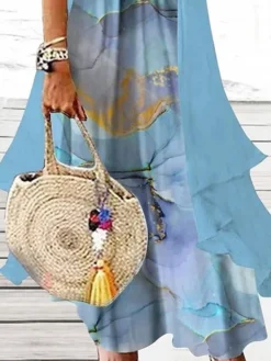 Women's Two Piece Dress Set Casual Dress Print Dress Daily Holiday Fashion Casual Print Maxi Dress V Neck Half Sleeve Marble Print Regular Fit Blue Summer Spring S M L XL XXL -Party Prom Dresses Sales Store tfxuxh1679467283863