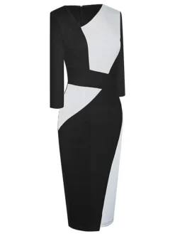 Women's Work Dress Sheath Dress Semi Formal Dress Fashion Midi Dress Patchwork V Neck 3/4 Length Sleeve Color Block Regular Fit Black Red Navy Blue Fall Winter S M L XL XXL -Party Prom Dresses Sales Store tfysnm1692610644040