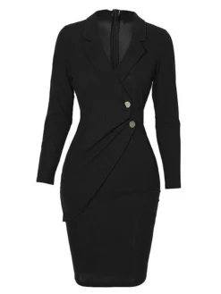 Women‘s Blazer Dress And Jacket Set Sheath Dress Midi Dress Black Wine Blue Long Sleeve Pure Color Ruched Winter Fall Autumn Deep V Classic Winter Dress Fall Dress 2023 S M L XL XXL 3XL -Party Prom Dresses Sales Store tfzgmh1644226391501