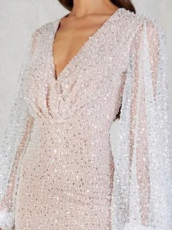 Women's Party Dress Sequin Dress Homecoming Dress Mini Dress White Long Sleeve Pure Color Sequins Fall Winter Autumn V Neck Party Party Winter Dress Fall Dress 2023 S M L XL -Party Prom Dresses Sales Store tggkei1657183236171
