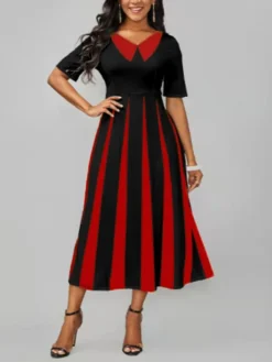 Women's Work Dress A Line Dress Fashion Office Daily Midi Dress Print Lapel Short Sleeve Stripe Regular Fit Black Wine Dark Blue Fall Winter S M L XL XXL -Party Prom Dresses Sales Store thazmq1697098983226