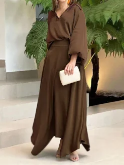 Women's Two Piece Dress Set Casual Dress Skirt Set Daily Date Streetwear Elegant Pocket Long Dress Maxi Dress Shirt Collar Long Sleeve Plain Loose Fit Black Wine Blue Fall Winter S M L XL XXL -Party Prom Dresses Sales Store thfqnh1694085334006