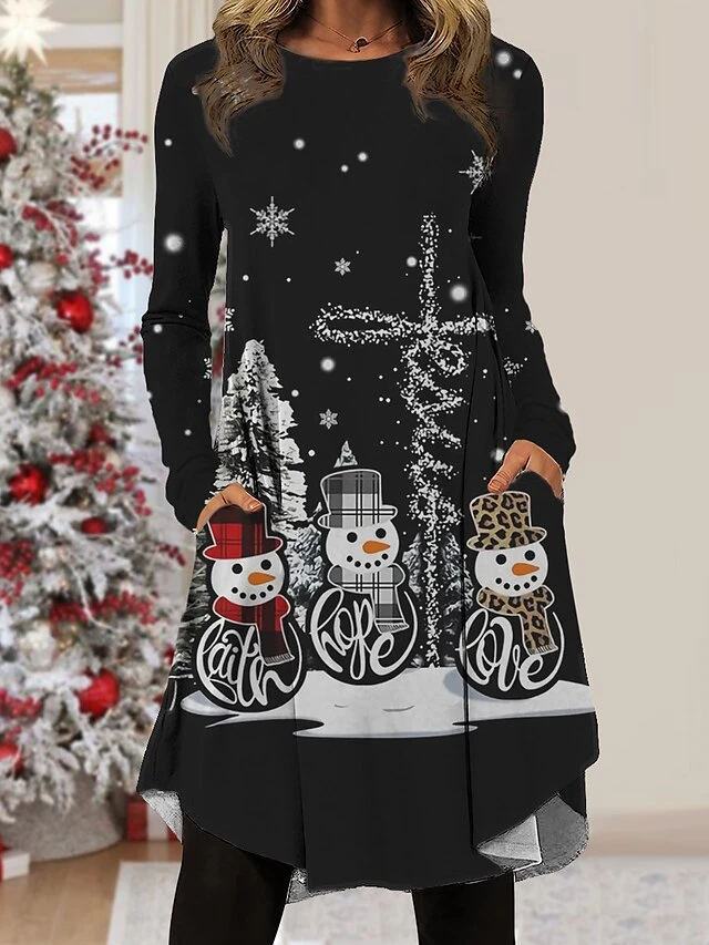 Women's Christmas Work Dress Casual Dress Fashion Winter Dress Daily Midi Dress Pocket Print Crew Neck Long Sleeve SnowmanTree Regular 2 Women's Christmas Work Dress Casual Dress Fashion Winter Dress Daily Midi Dress Pocket Print Crew Neck Long Sleeve SnowmanTree Regular - Image 2