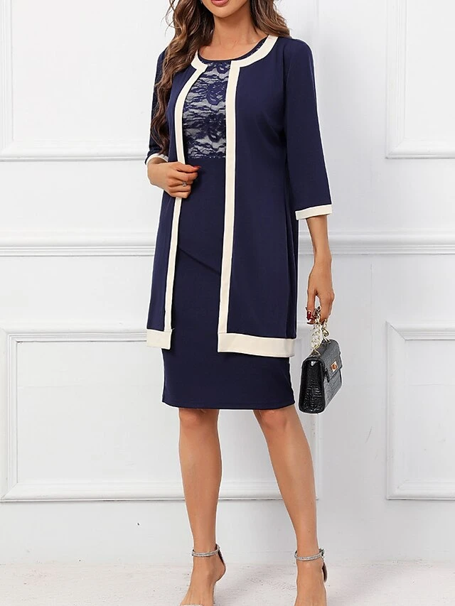 Women's Two Piece Dress Set Party Dress Lace Dress Party Office Fashion Elegant Lace Patchwork Midi Dress Crew Neck 3/4 Length Sleeve Plain Regular Fit Navy Blue Fall Winter S M L XL XXL 3 Women's Two Piece Dress Set Party Dress Lace Dress Party Office Fashion Elegant Lace Patchwork Midi Dress Crew Neck 3/4 Length Sleeve Plain Regular Fit Navy Blue Fall Winter S M L XL XXL - Image 3