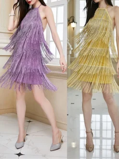 Women's Party Dress Fringe Dress Cocktail Dress Mini Dress Purple Gold Sleeveless Pure Color Tassel Fringe Summer Spring Fall Halter Neck Fashion Wedding Guest Vacation Summer Dress 2023 S M L XL