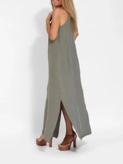 Women's Casual Dress Cotton Linen Dress Strap Dress Maxi Long Dress Polyester Casual Boho / Bohemian Vacation Beach Square Neck Split Sleeveless Summer Spring 2023 Slim ArmyGreen Black White Plain S -Party Prom Dresses Sales Store thsate1687930425834